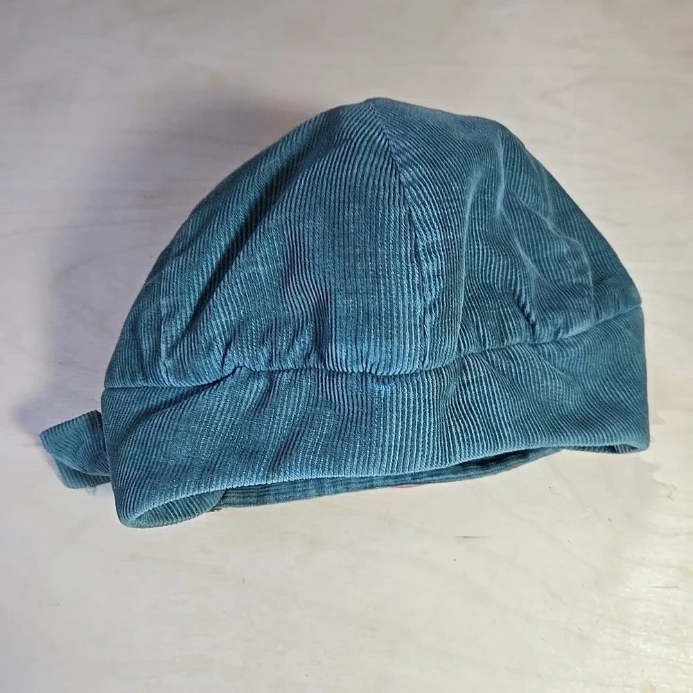 VTG Kids Teal Corduroy Ear Flap Winter Ski Cap Lined Chin Strap Rare Germany 60s